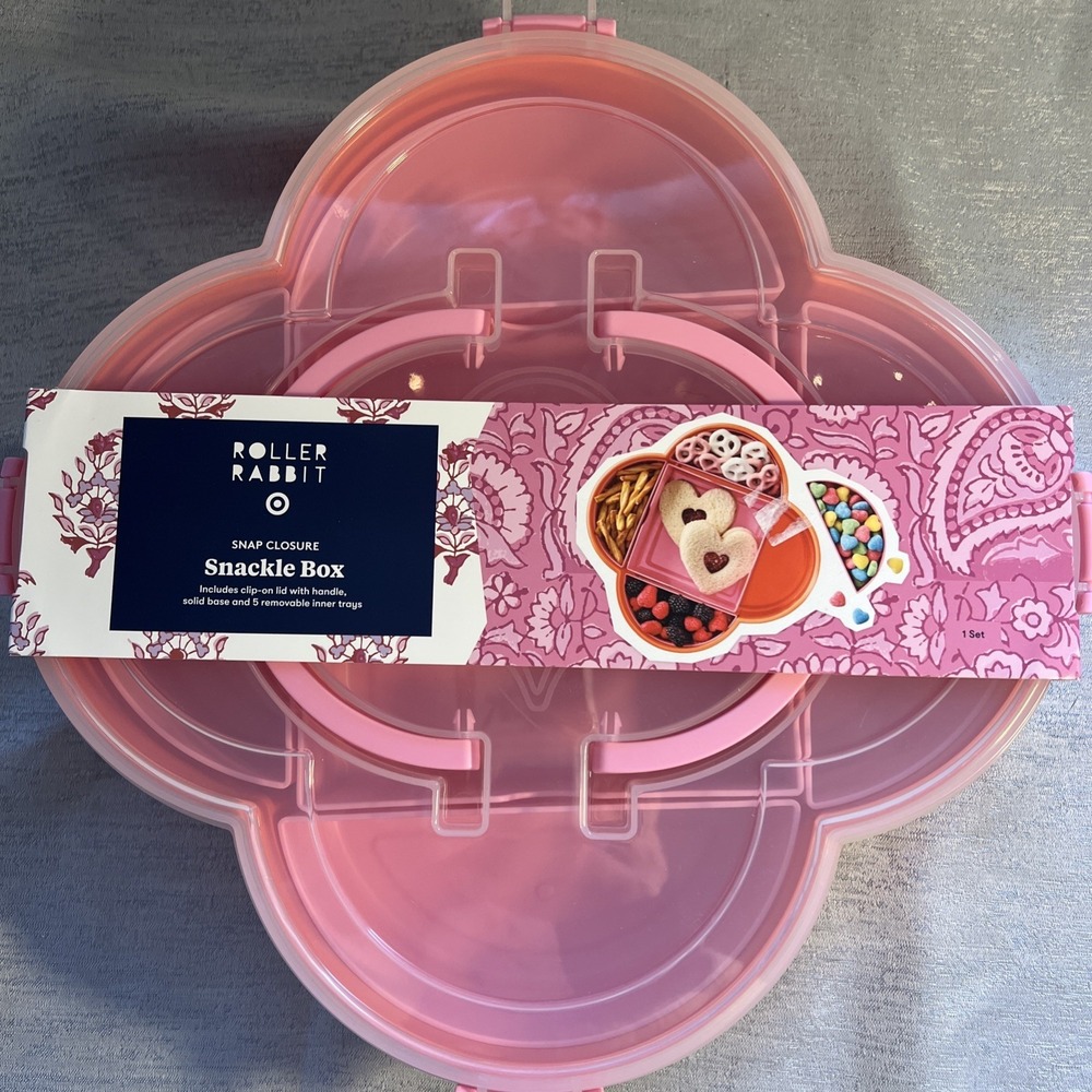 Roller Rabbit Snackle Box Pink Flower Snap Lid 5 Compartments